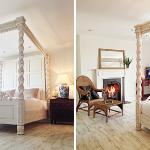 A cosy bedroom, roaring log fire and romantic 4 poster bed at Devon Farmhouse in south Devon, perfect for a weekend away