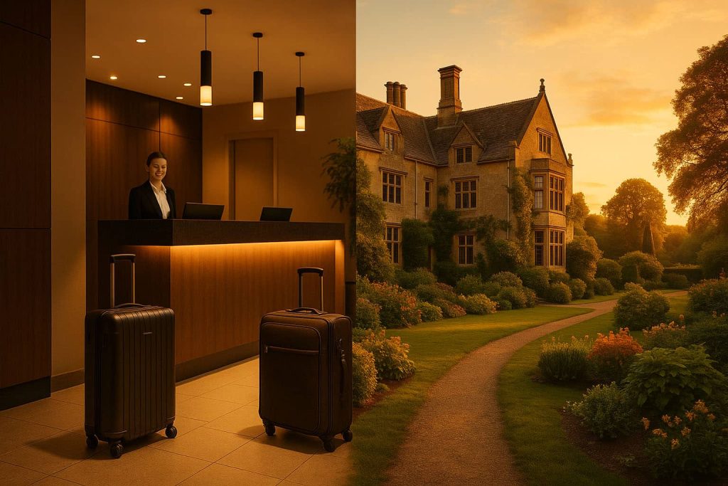 ChatGPT-Image-Aug-12-2025-at-03_53_13-PM-copy Split-scene comparison of a modern hotel lobby and a grand English country manor house surrounded by gardens, symbolising the choice between hotels and countryside big holiday homes.