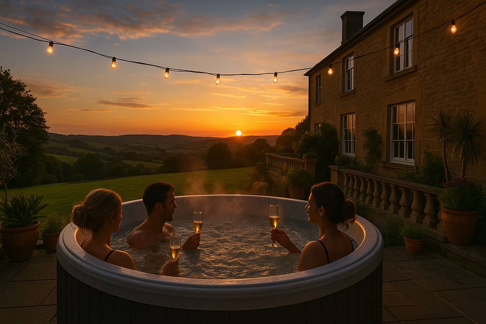 Sunset-Relaxation-in-the-Hot-Tub-copy Guests relaxing in an outdoor hot tub at sunset at Tatham House, with countryside views and the house terrace in the background.