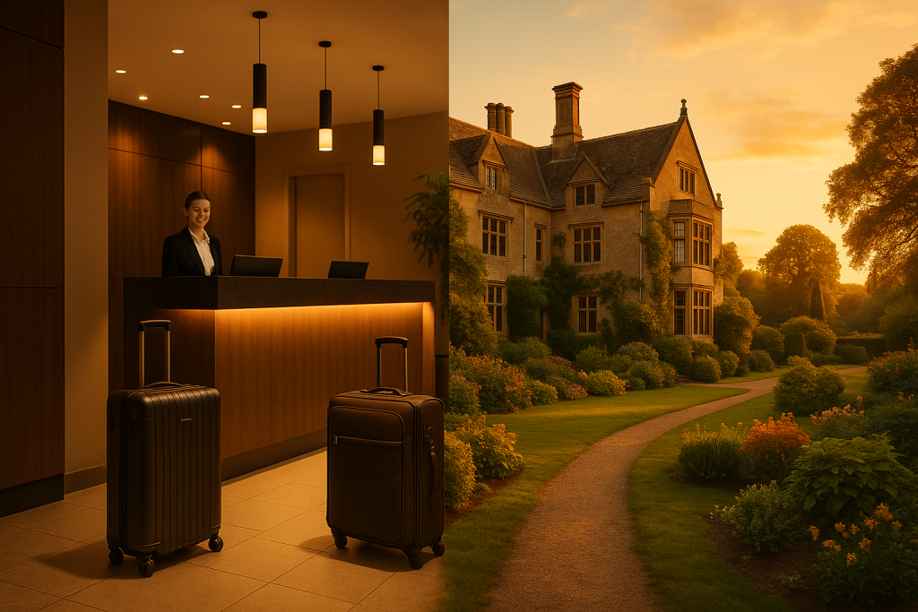 Image Split-scene comparison of a modern hotel lobby and a grand English country manor house surrounded by gardens, symbolising the choice between hotels and countryside big holiday homes.