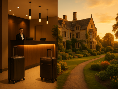 Split-scene comparison of a modern hotel lobby and a grand English country manor house surrounded by gardens, symbolising the choice between hotels and countryside big holiday homes.