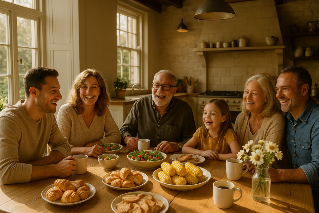 Image Multi-generational family gathered around a rustic dining table in a spacious country kitchen, sharing breakfast in a luxury holiday home.