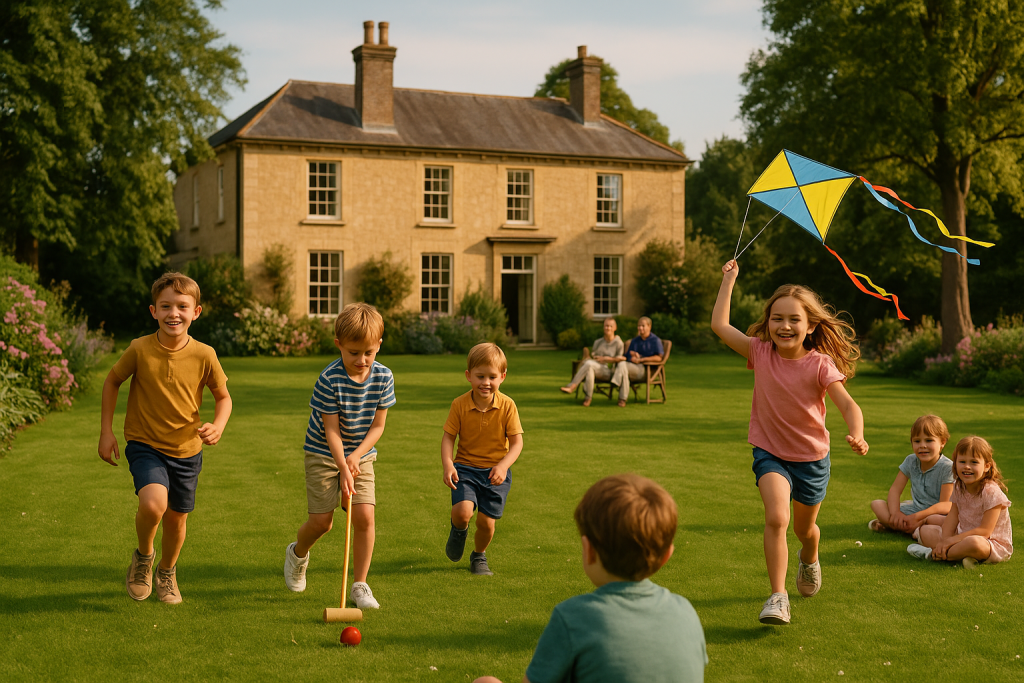 Image Children playing on the lawns of a honey-stone manor house with gardens and trees in the background, representing outdoor fun at a luxury home rental.