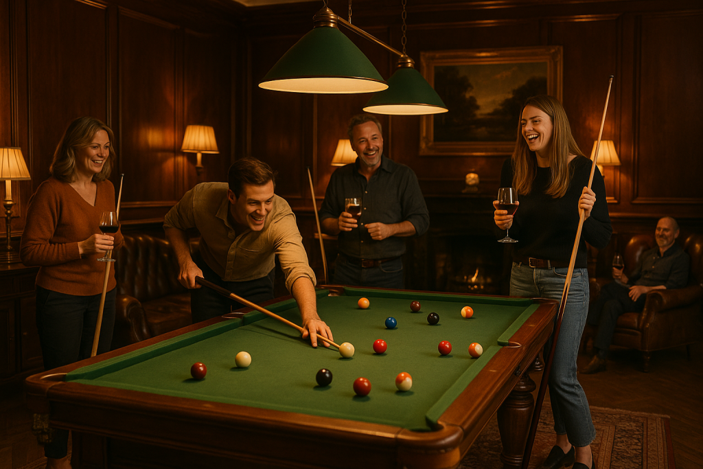 Image Guests playing pool in a warmly lit games room with wood paneling and leather chairs, inside a large house rental.