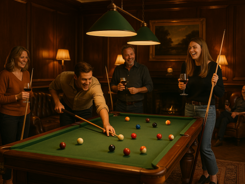 Guests playing pool in a warmly lit games room with wood paneling and leather chairs, inside a large house rental.