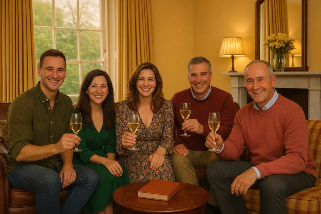 Group of guests enjoying drinks together in the sitting room at Tone Dale House.