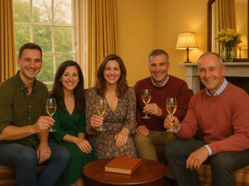 Group of guests enjoying drinks together in the sitting room at Tone Dale House.