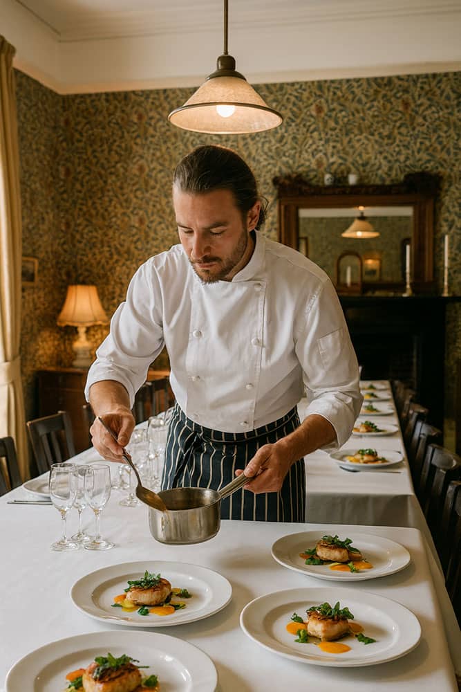 Chef plating a meal for a group dining experience.