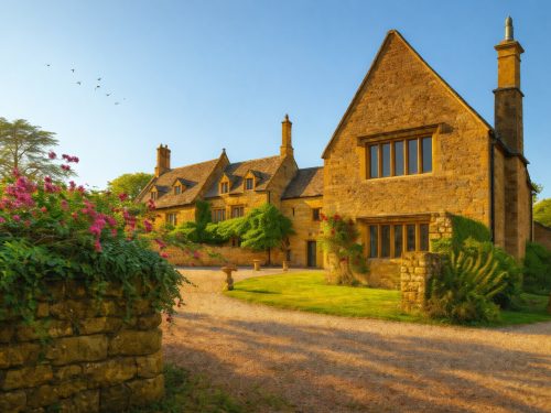 Tysoe Manor set within private gardens, photographed in warm evening light.