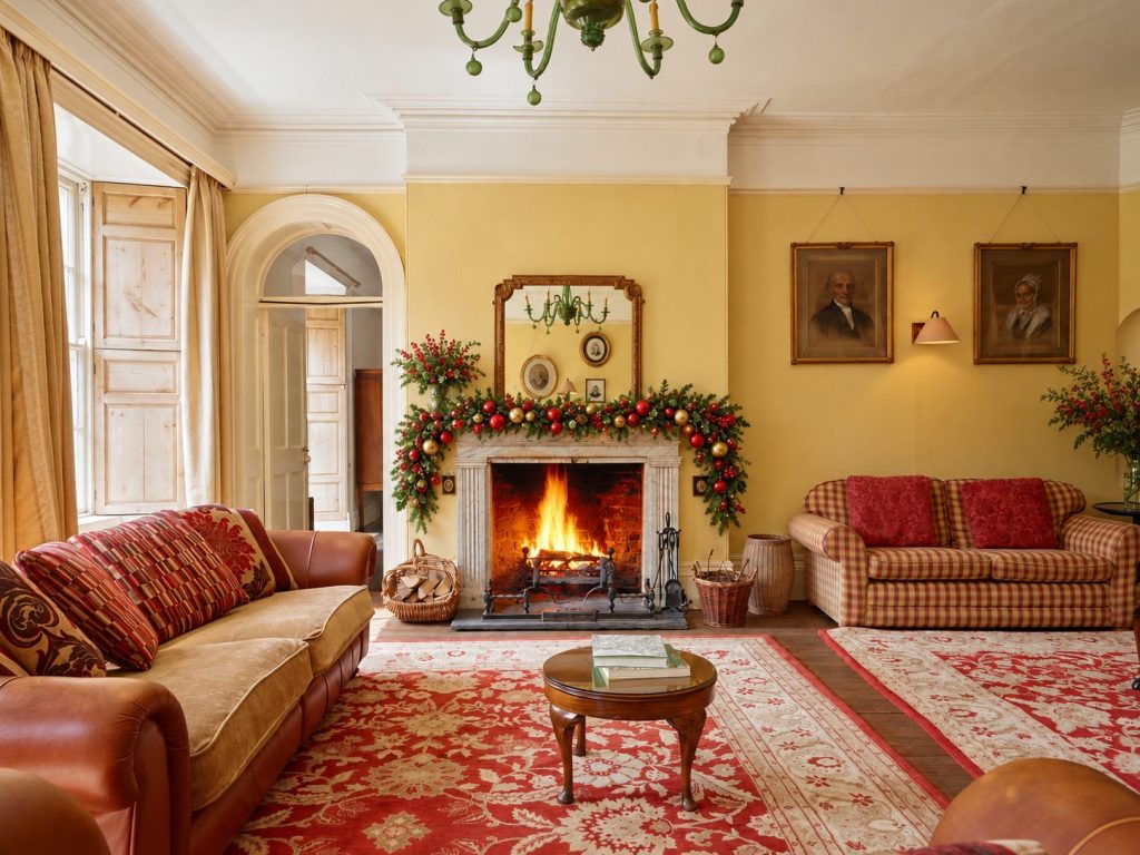Big house drawing room decorated for a pre-Christmas weekend, with a log fire and festive garland
